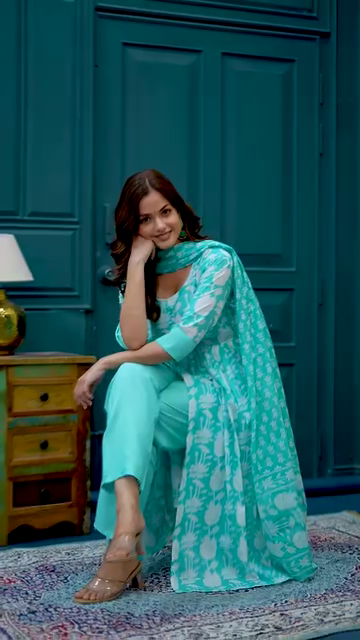 Aqua Blue Tie-Dye Printed Cotton Anarkali Set