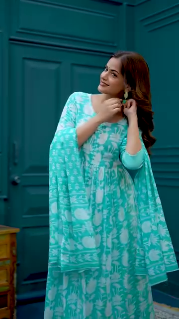 Aqua Blue Tie-Dye Printed Cotton Anarkali Set - Image 2
