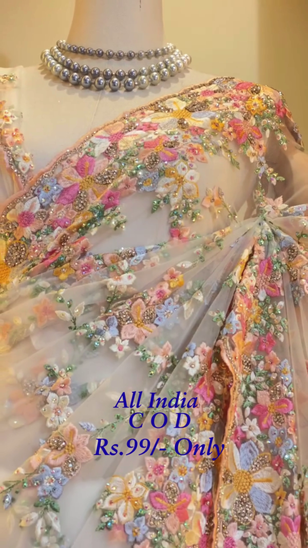 🌸✨ Elegant Pastel Embroidered Net Saree with Multicolor Floral Detailing ✨🌸 - Image 3