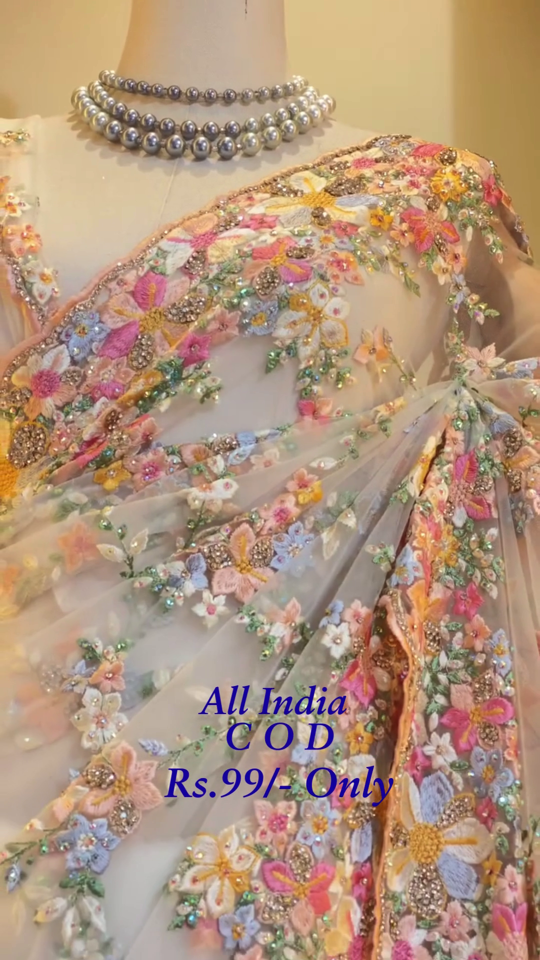 πΈβ¨ Elegant Pastel Embroidered Net Saree with Multicolor Floral Detailing β¨πΈ - Image 3