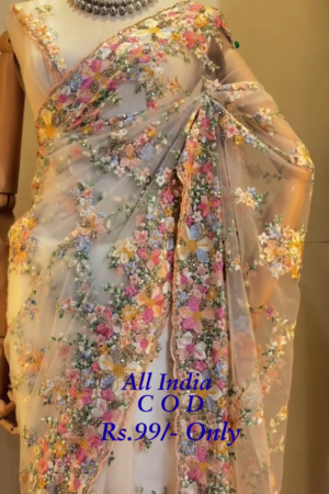 🌸✨ Elegant Pastel Embroidered Net Saree with Multicolor Floral Detailing ✨🌸