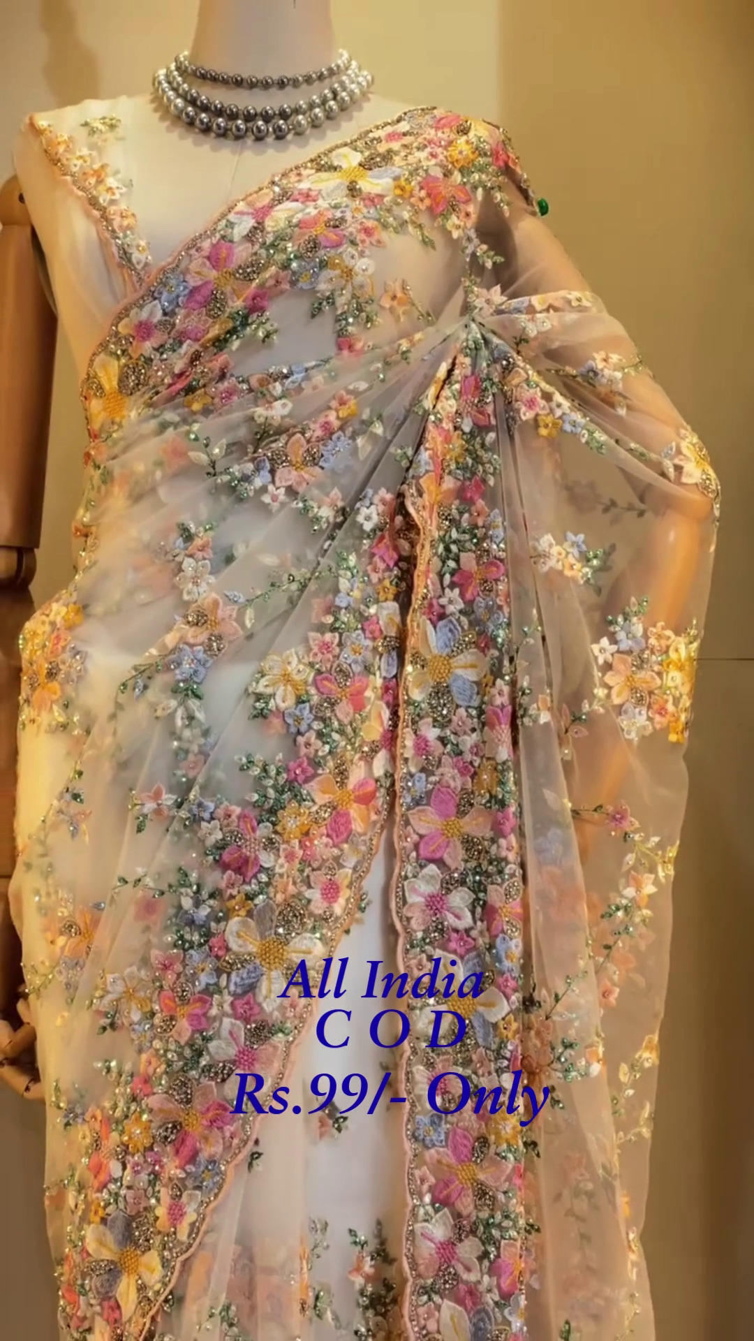 πΈβ¨ Elegant Pastel Embroidered Net Saree with Multicolor Floral Detailing β¨πΈ