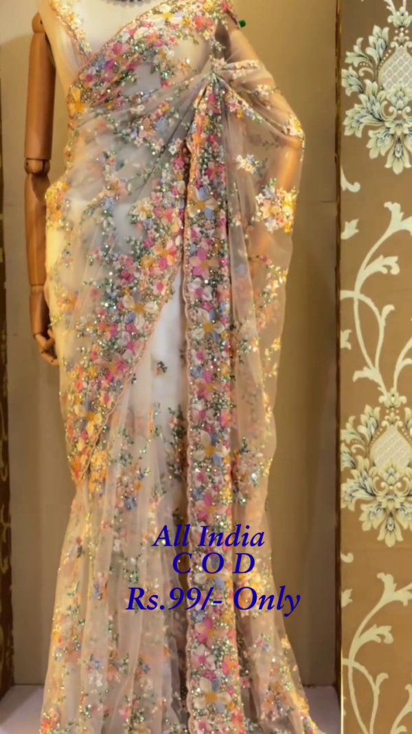 🌸✨ Elegant Pastel Embroidered Net Saree with Multicolor Floral Detailing ✨🌸 - Image 2