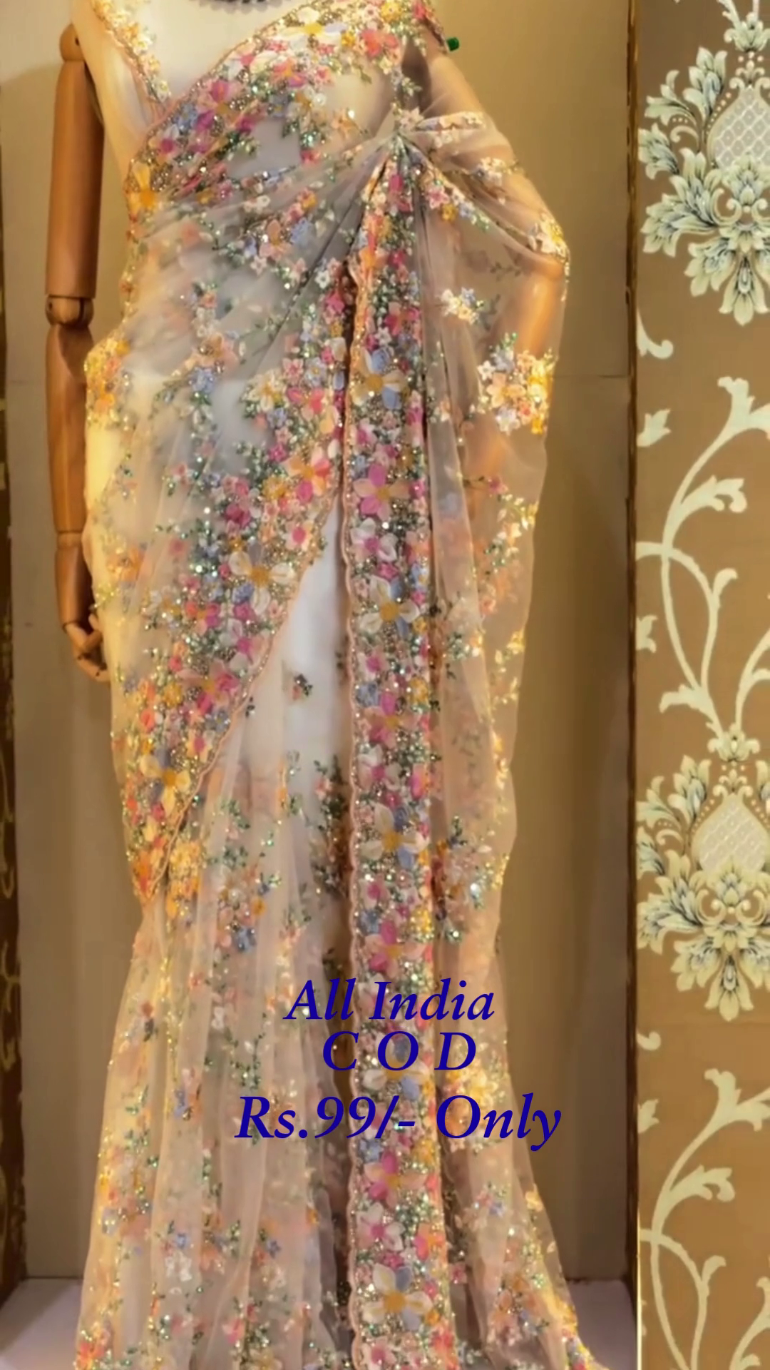 πΈβ¨ Elegant Pastel Embroidered Net Saree with Multicolor Floral Detailing β¨πΈ - Image 2