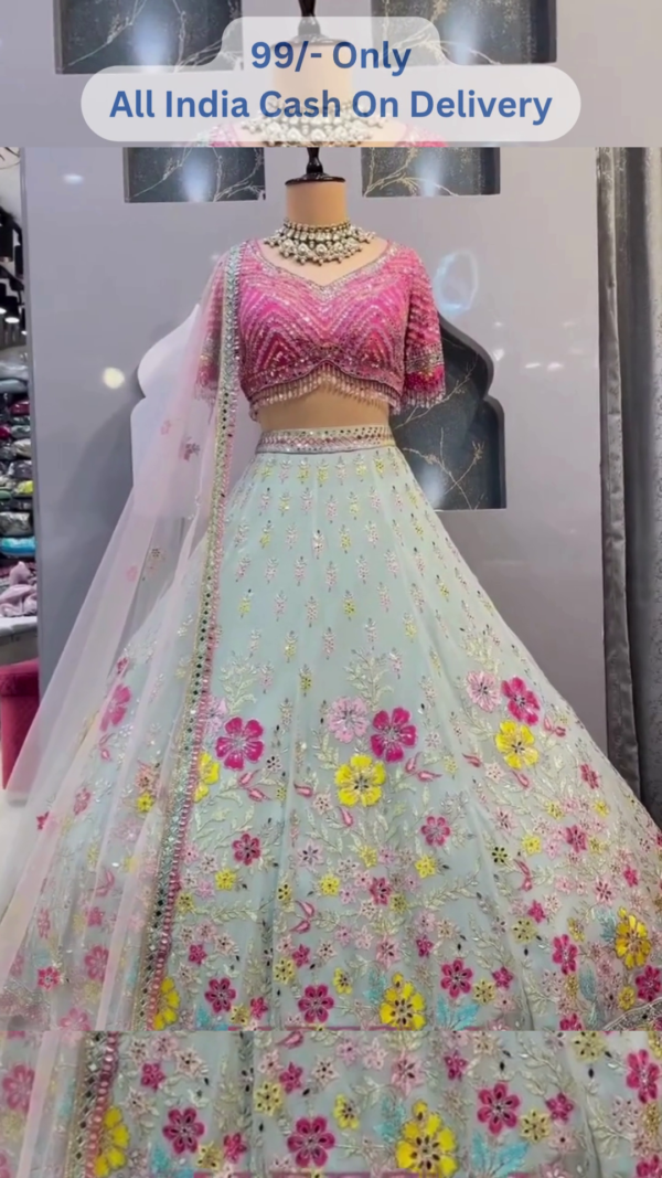 🌺💎 Designer Aqua Blue Lehenga Choli with Vibrant Floral Embroidery 💎🌺 - Image 3