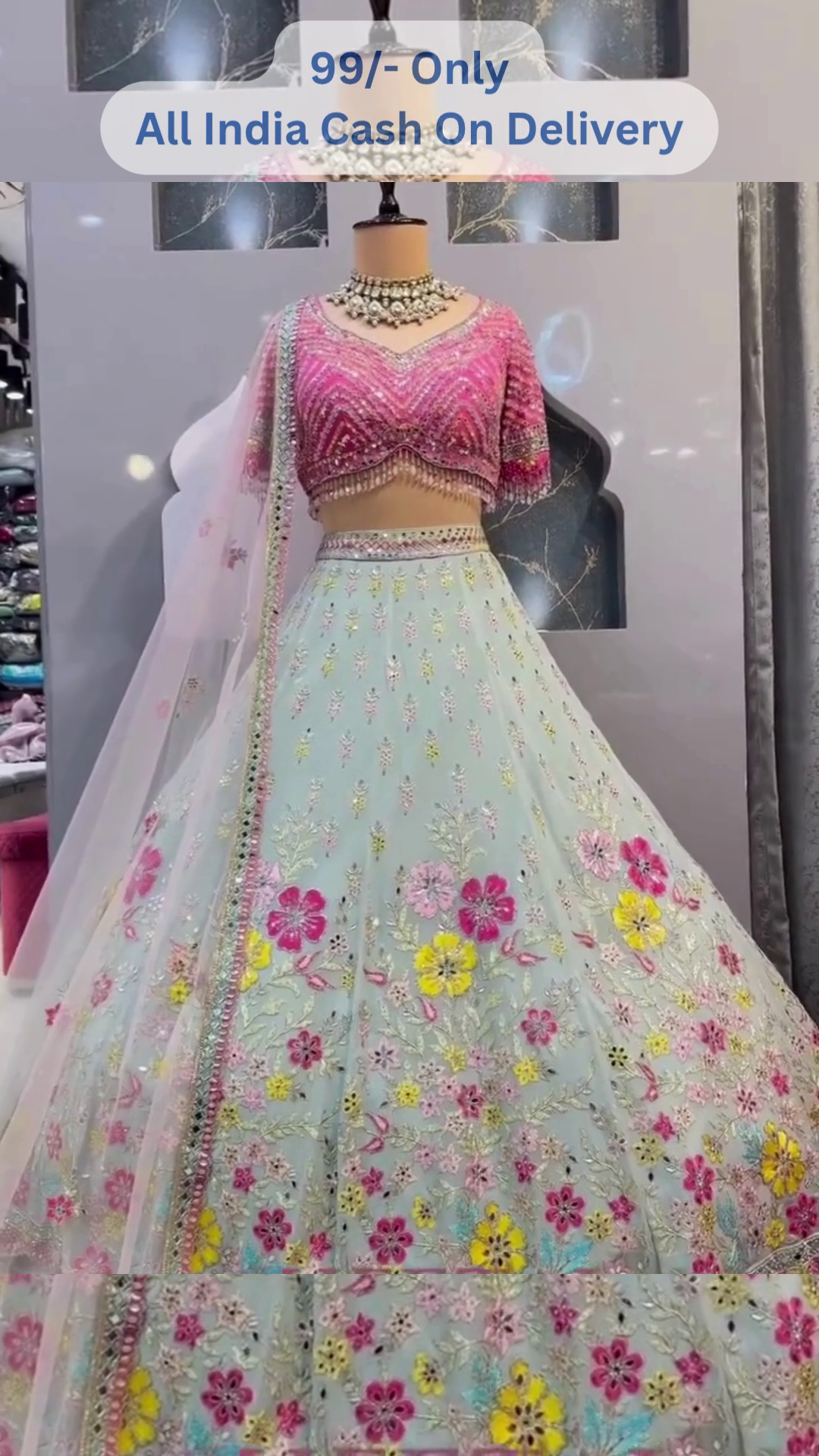 πΊπ Designer Aqua Blue Lehenga Choli with Vibrant Floral Embroidery ππΊ - Image 3