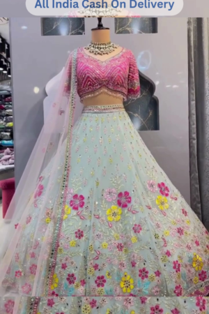 🌺💎 Designer Aqua Blue Lehenga Choli with Vibrant Floral Embroidery 💎🌺