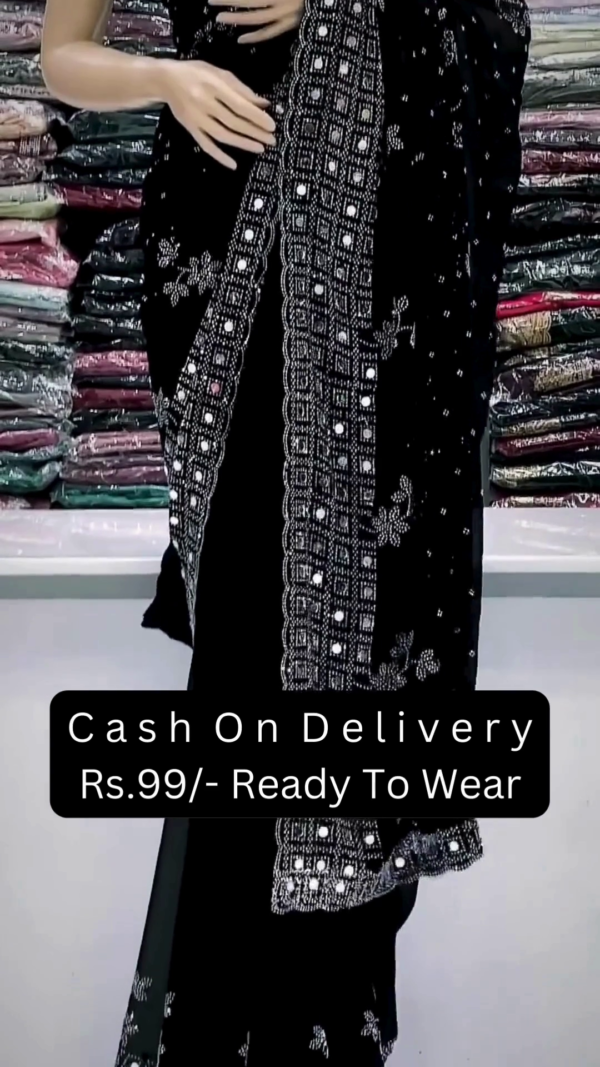 🖤✨ Royal Black Georgette Saree with Silver Sequin & Mirror Embroidery ✨🖤 - Image 3