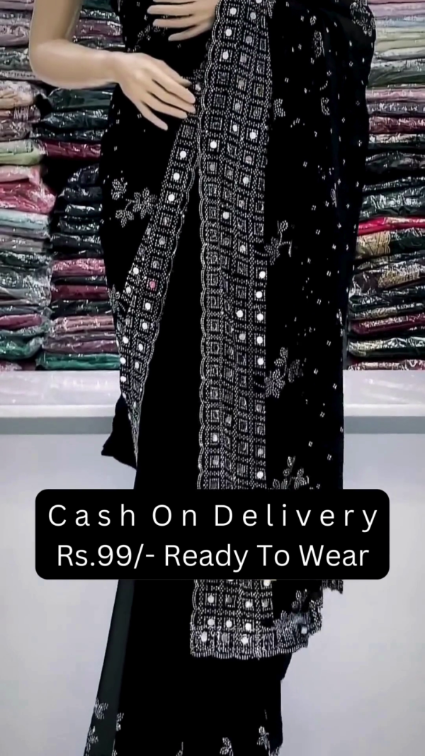 🖤✨ Royal Black Georgette Saree with Silver Sequin & Mirror Embroidery ✨🖤 - Image 4