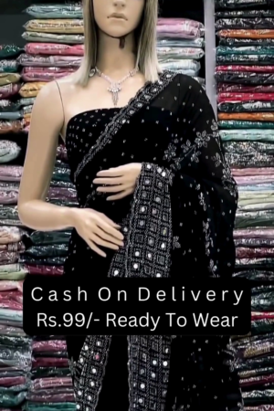 🖤✨ Royal Black Georgette Saree with Silver Sequin & Mirror Embroidery ✨🖤