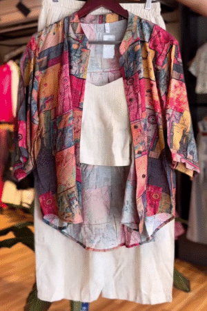 Vibrant Artistic Co-Ord Set with Abstract Print Shirt & Ivory Base