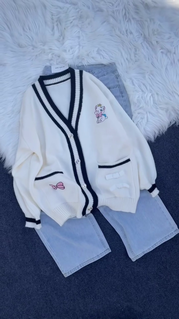 π§Ά Cute Cartoon Embroidered Knitted Cardigan with Bow Detailing ππ - Image 2