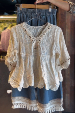 π€ Boho Chic Lace Embroidered Blouse with Tassel Shorts πΏβ¨
