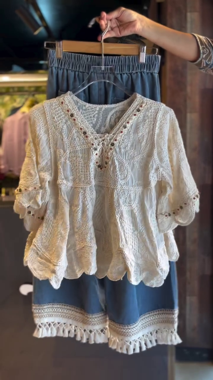 π€ Boho Chic Lace Embroidered Blouse with Tassel Shorts πΏβ¨