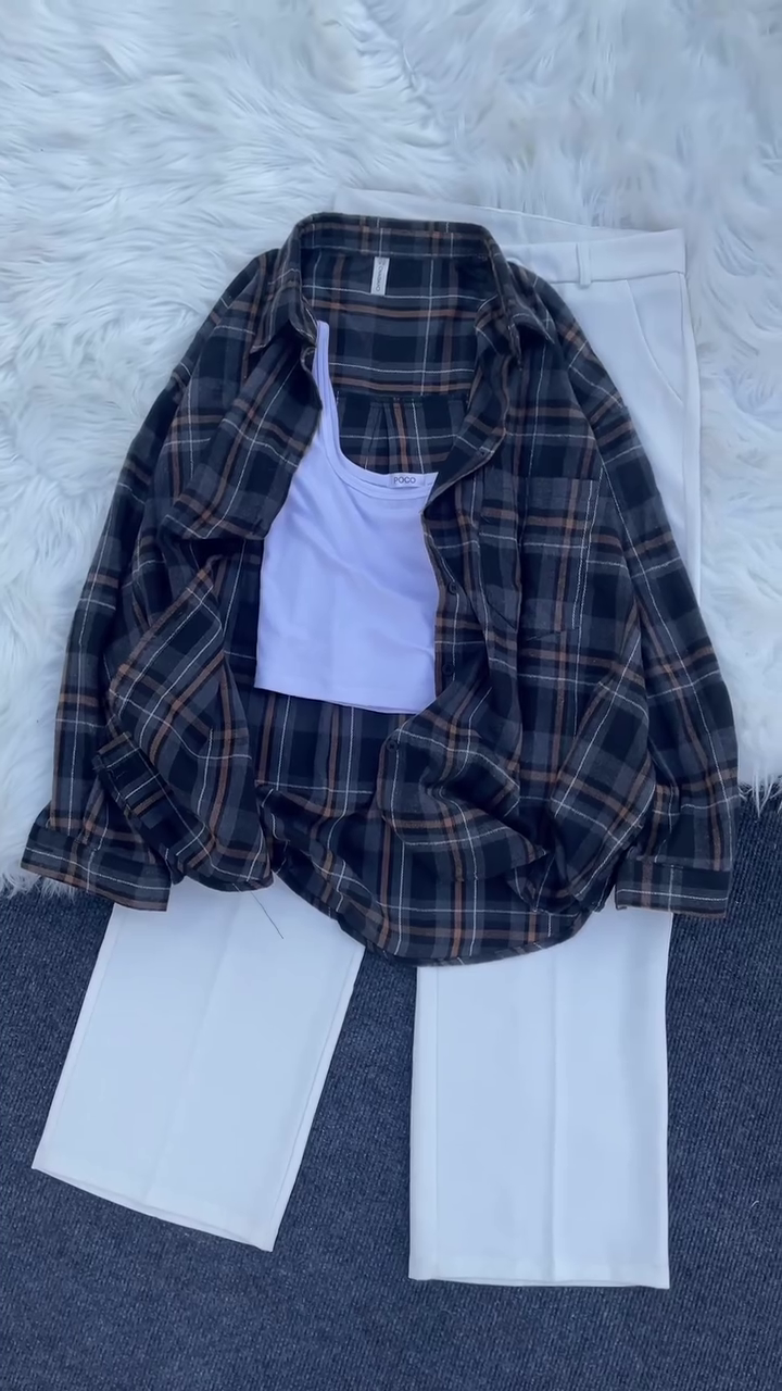 Cozy Casual Explorer Look: Soft Cotton White Wide-Leg Pants + Lavender Ribbed Tank + Forest Green Oversized Plaid Shirt Combo - Image 2