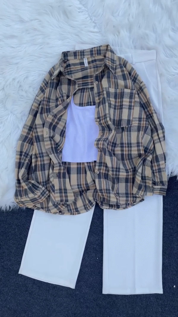 Cozy Casual Explorer Look: Soft Cotton White Wide-Leg Pants + Lavender Ribbed Tank + Forest Green Oversized Plaid Shirt Combo - Image 5