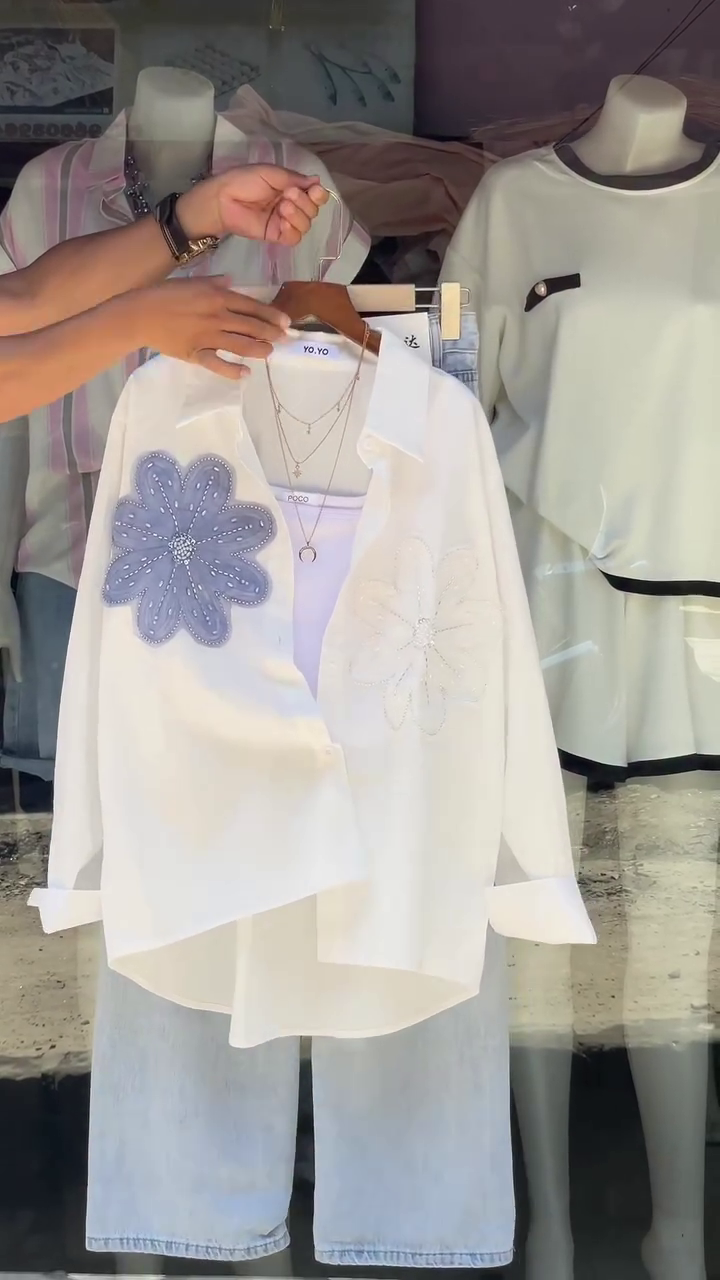 Chic Womenโs Casual Outfit ๐ธ | Elegant Peach Button-Down Shirt with Beaded Floral Embroidery โจ & Relaxed-Fit Light Blue Jeans ๐ โ Stylish Everyday Wear with Layered Necklace Accessory" - Image 3