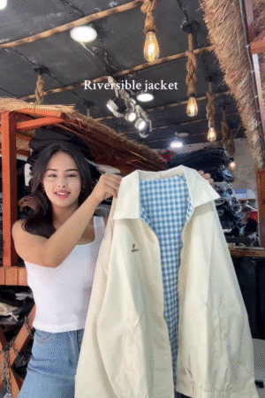 π€ Womenβs Dual-Sided Reversible Jacket with Beige Exterior & Blue Gingham Inner Lining β Casual Versatile Outerwear π€