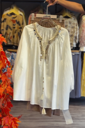 ✨ Bohemian Chic White Embroidered Tunic Top with Mirror Work & Tassel Detailing – Ethnic Fusion Wear ✨