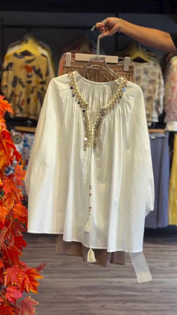 ✨ Bohemian Chic White Embroidered Tunic Top with Mirror Work & Tassel Detailing – Ethnic Fusion Wear ✨