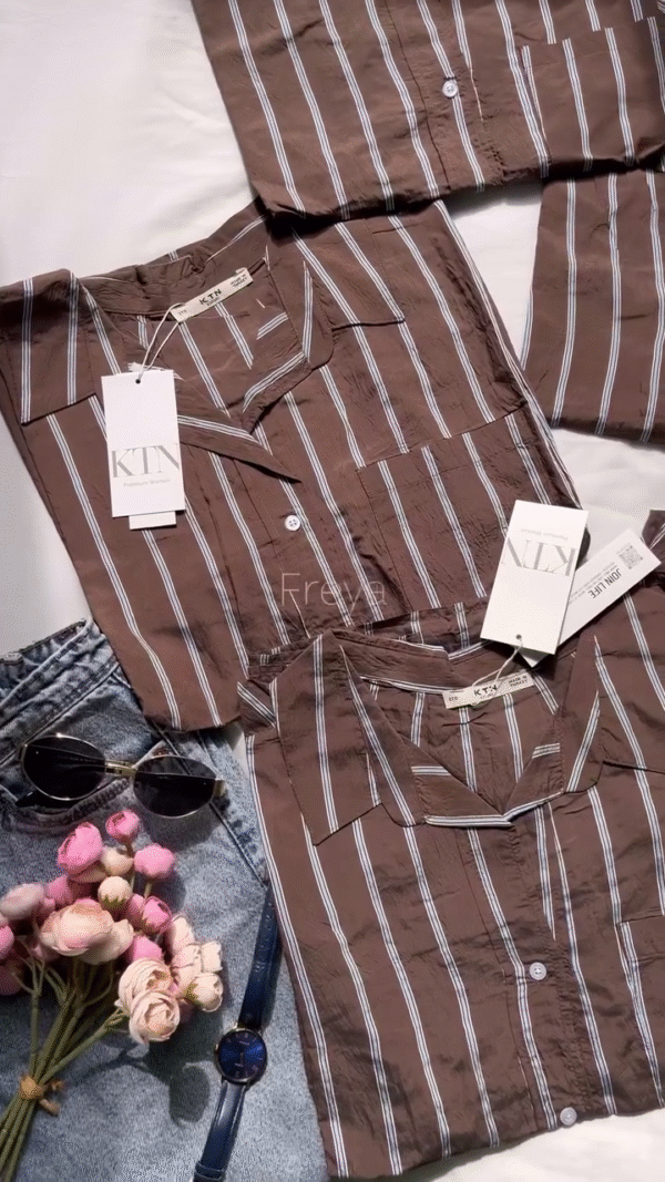 Brown Striped Button-Down Shirt with Subtle Sheen 🌰👔 - Image 2