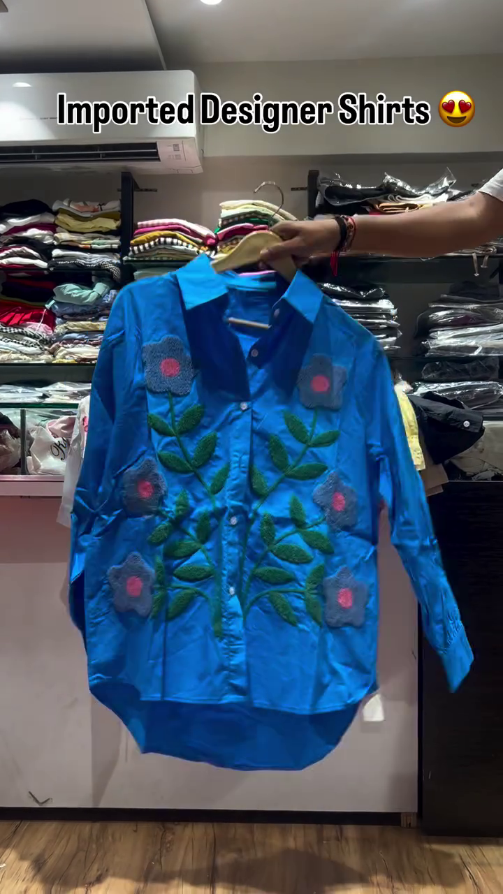 ✨ Trendy Imported Designer Blue Shirt with Vibrant 3D Floral Embroidery and Relaxed Fit for Contemporary Style ✨