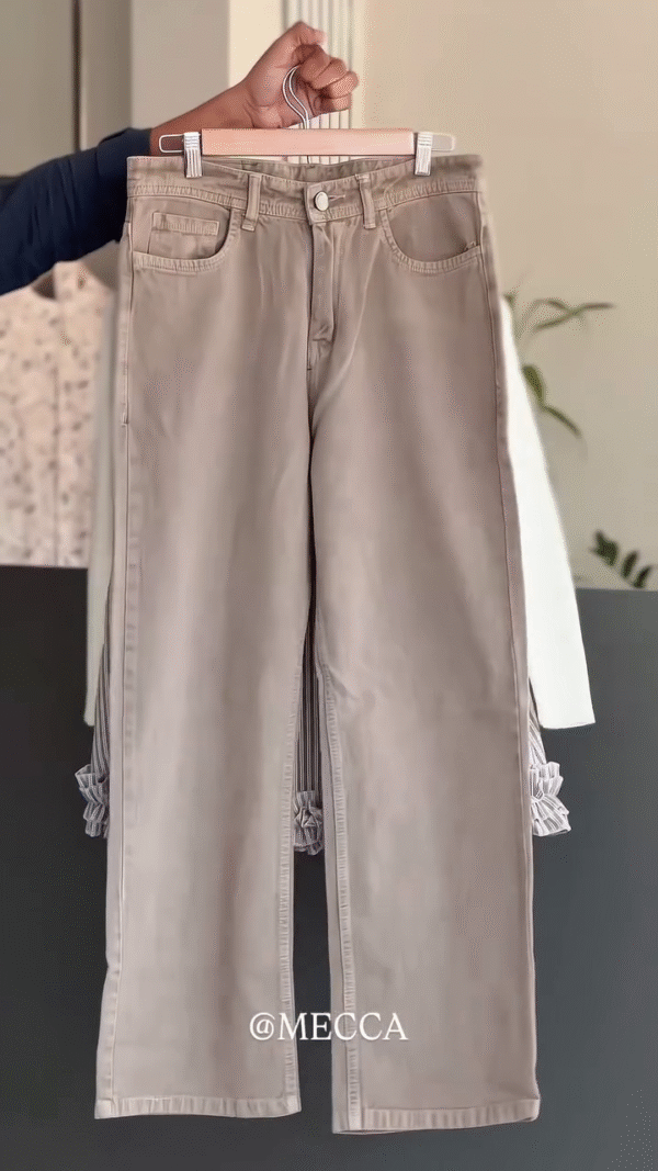 🤍 Striped Ruffle Layered Top with Ivory Inner & Taupe Pants Set ☕ - Image 3