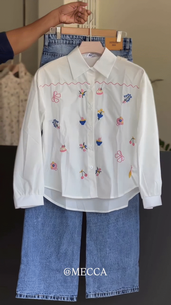 🌸 Floral Embroidery White Shirt with Blue Washed Jeans Set 💙