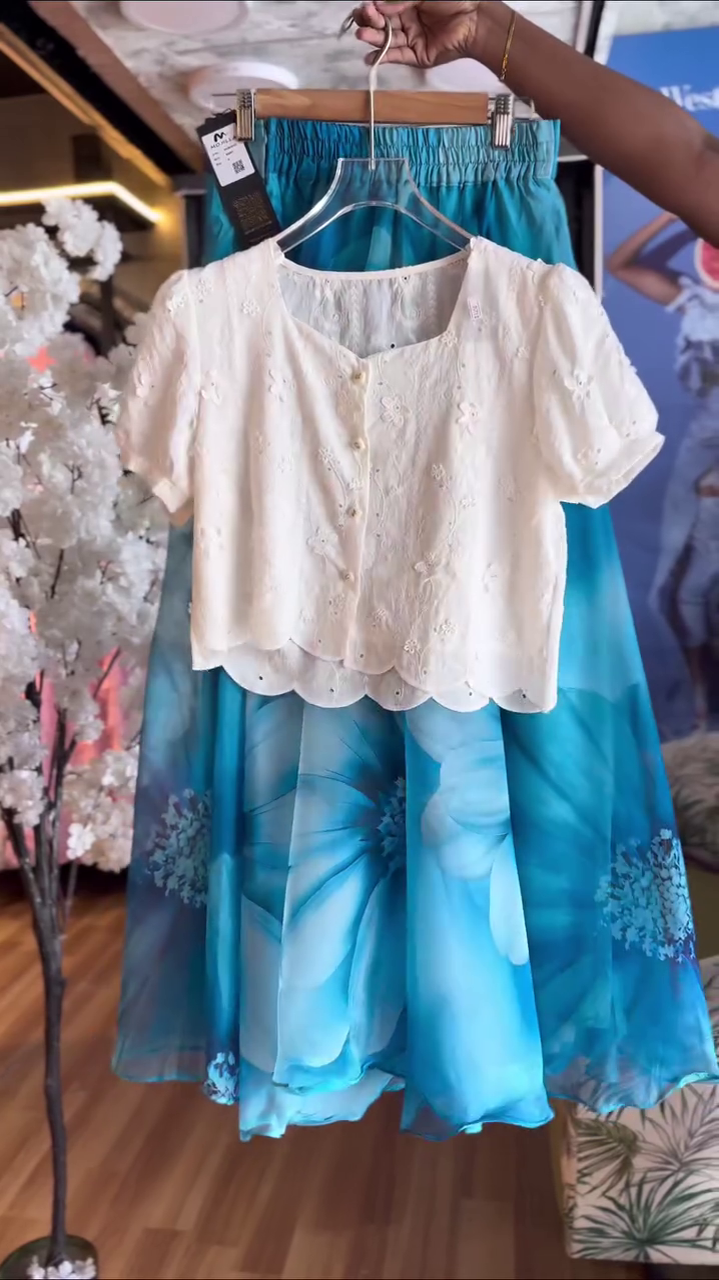 πCream Lace Crop Blouse with Ocean Blue Floral Skirt β Dreamy Coastal Ensemble