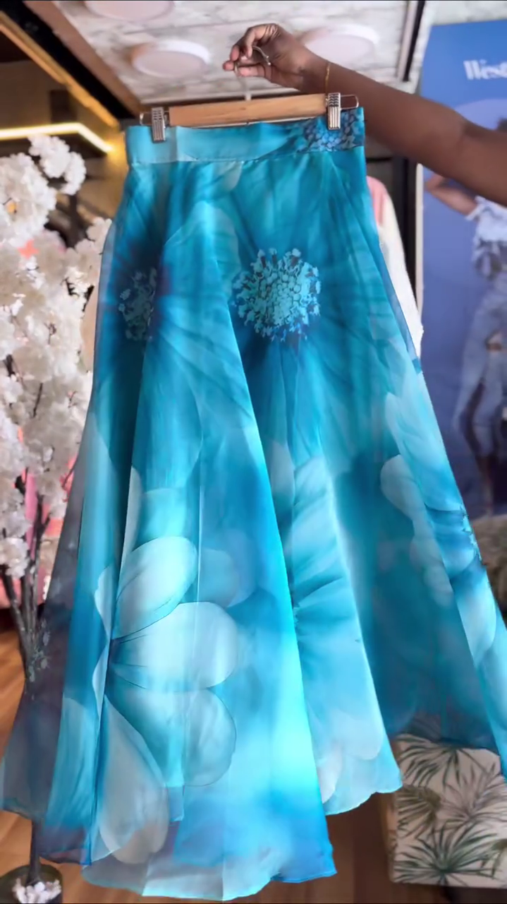 πCream Lace Crop Blouse with Ocean Blue Floral Skirt β Dreamy Coastal Ensemble - Image 2