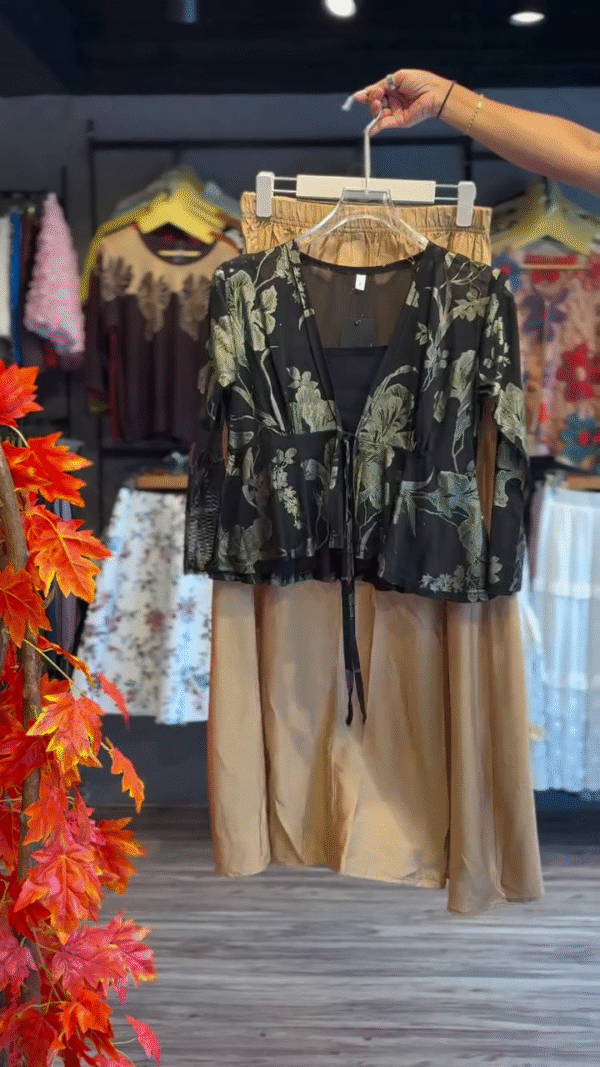 🌿 Elegant Sheer Black Floral Kimono with Golden Satin Dress Set 🌿
