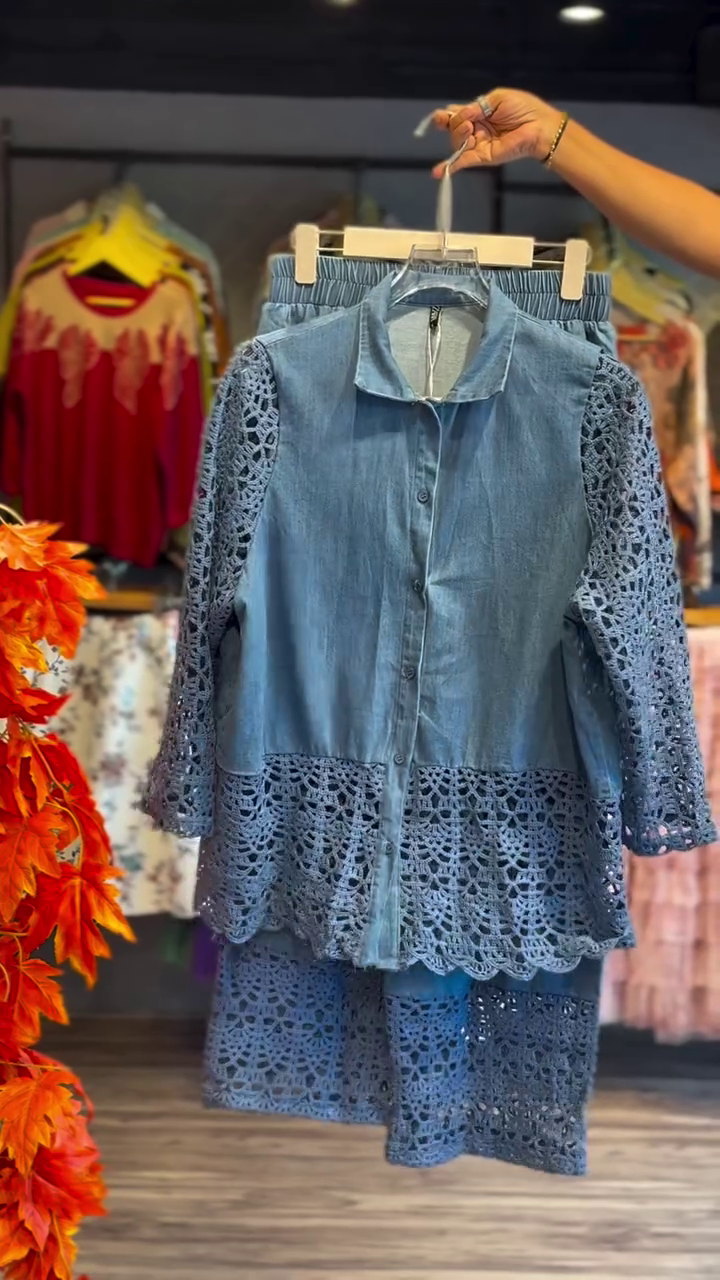 💎Azure Lace Harmony Denim Co-ord Set