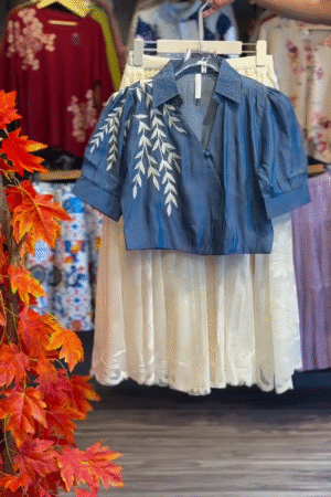 πIndigo Whisper Embroidered Cotton Shirt & Lace Midi Skirt Set