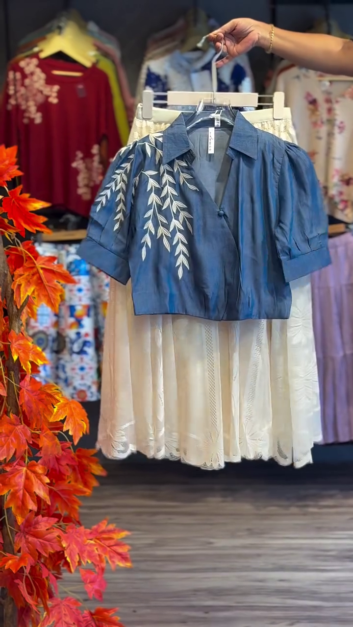 💙Indigo Whisper Embroidered Cotton Shirt & Lace Midi Skirt Set