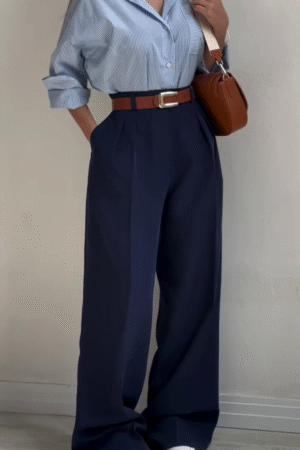 πUrban Poise Striped Oversized Shirt & Navy Wide-Leg Trouser Set β Minimalist Chic in Motion