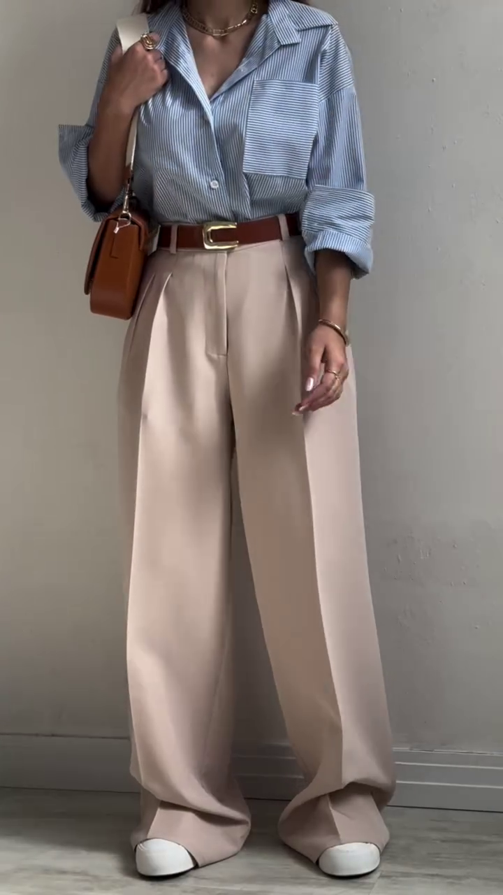 💙Urban Poise Striped Oversized Shirt & Navy Wide-Leg Trouser Set – Minimalist Chic in Motion - Image 4