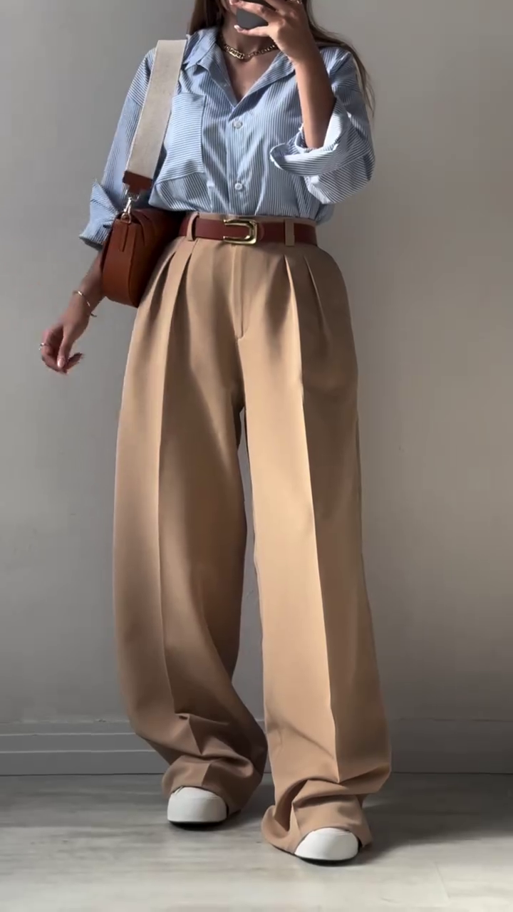💙Urban Poise Striped Oversized Shirt & Navy Wide-Leg Trouser Set – Minimalist Chic in Motion - Image 2