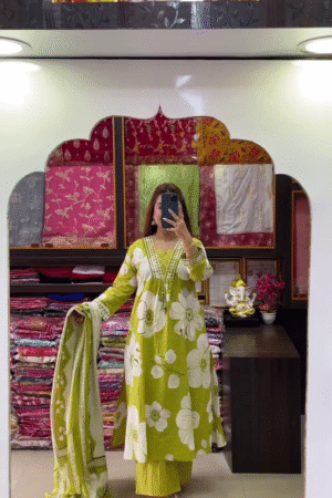 πLime Blossom Mirror Work Kurta Set β Floral Serenity with Festive Glow
