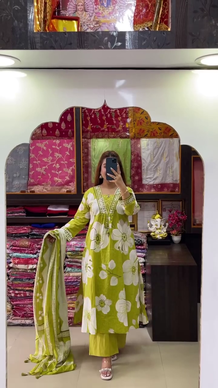 πLime Blossom Mirror Work Kurta Set β Floral Serenity with Festive Glow