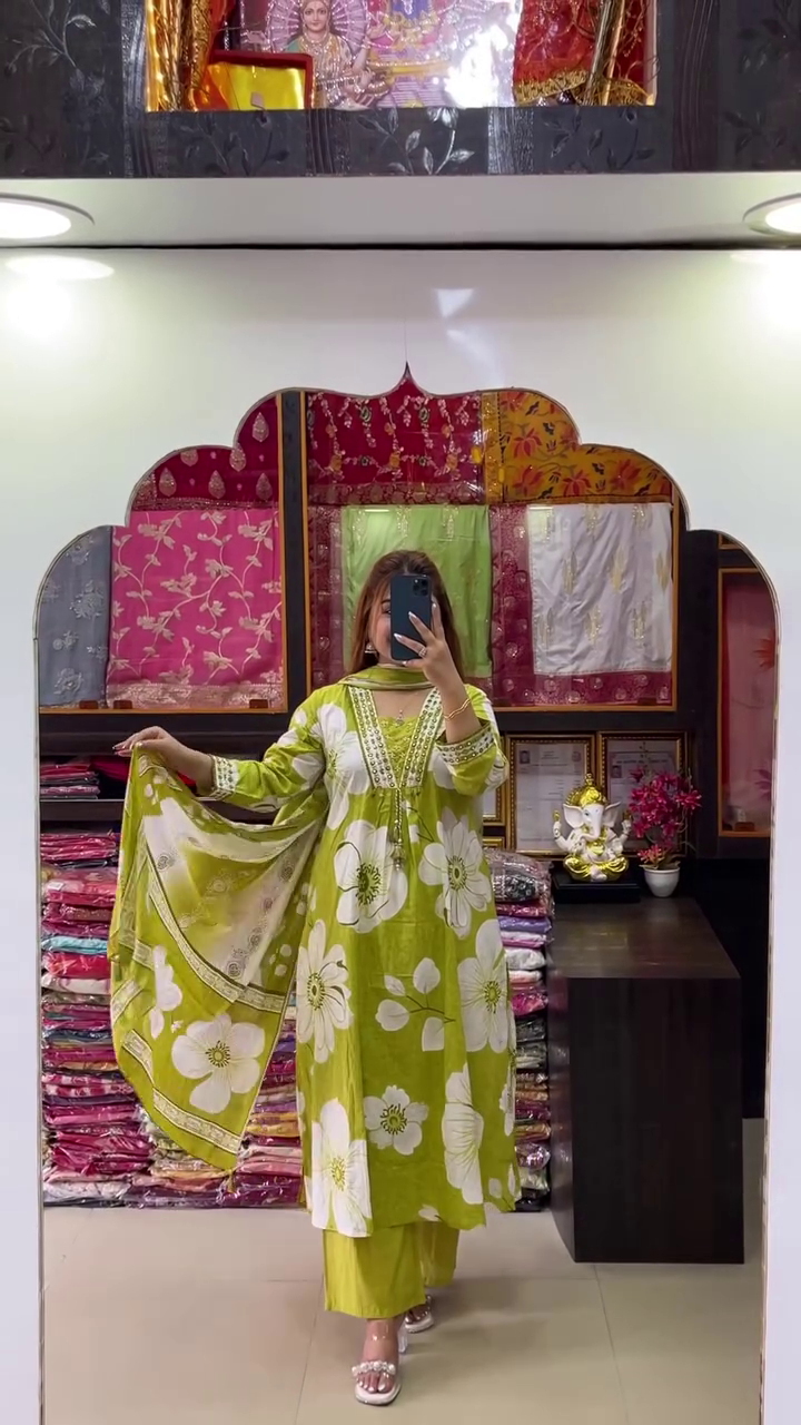 πLime Blossom Mirror Work Kurta Set β Floral Serenity with Festive Glow - Image 2