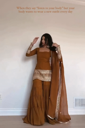 ๐งก Amber Glow Embroidered Sharara Set โ Royal Radiance in Earthy Hues