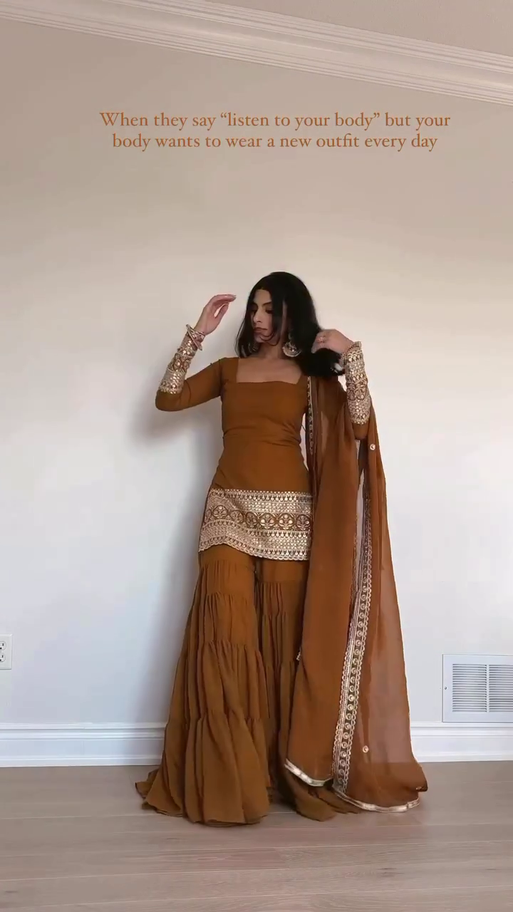 ๐งก Amber Glow Embroidered Sharara Set โ Royal Radiance in Earthy Hues