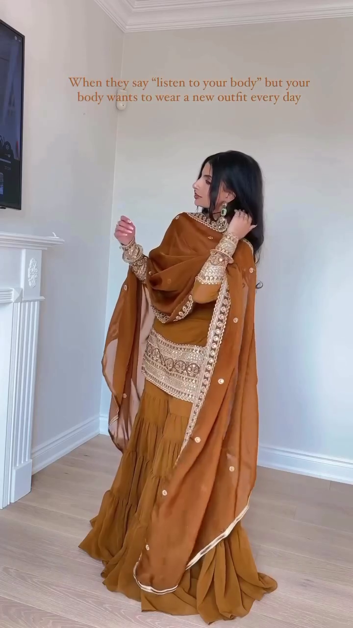 ๐งก Amber Glow Embroidered Sharara Set โ Royal Radiance in Earthy Hues - Image 2
