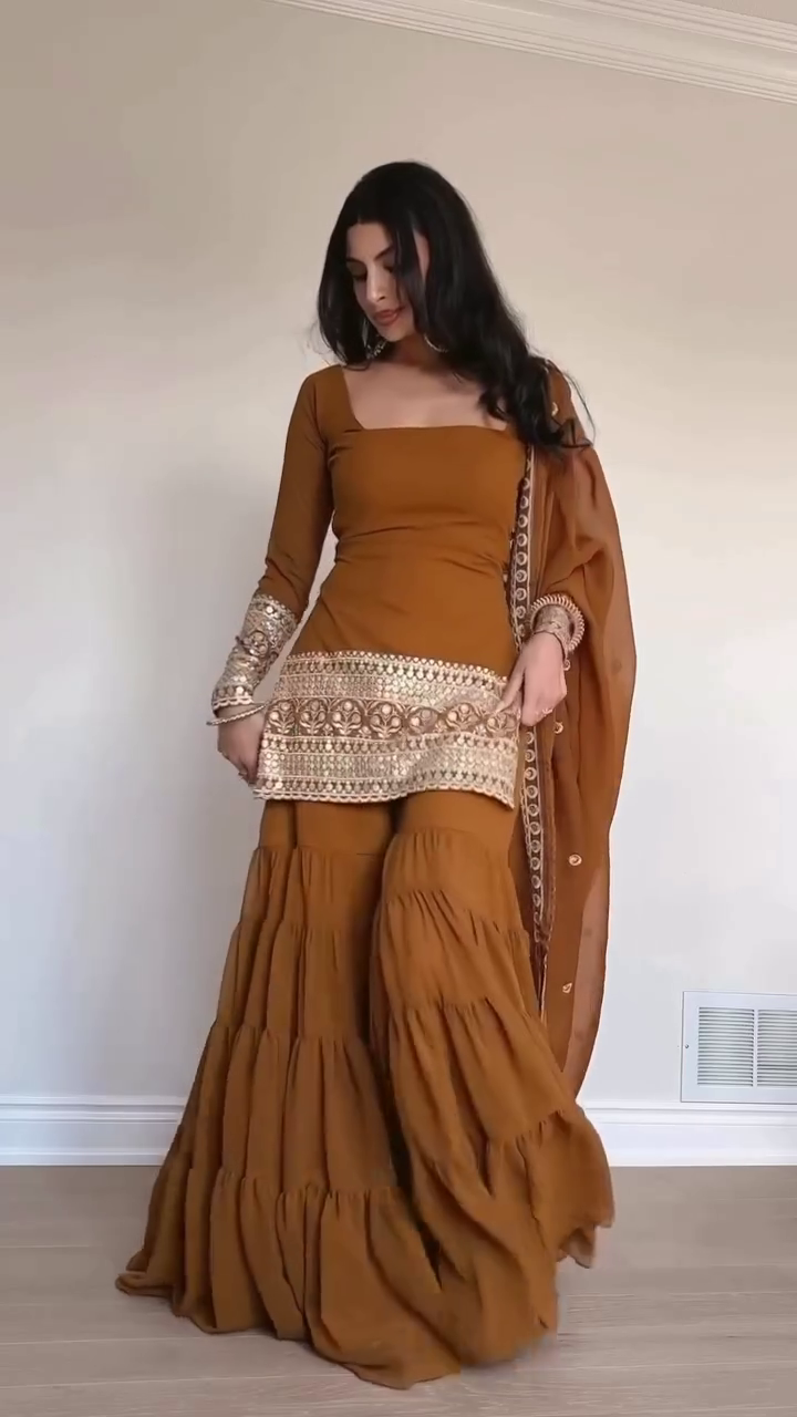 ๐งก Amber Glow Embroidered Sharara Set โ Royal Radiance in Earthy Hues - Image 3