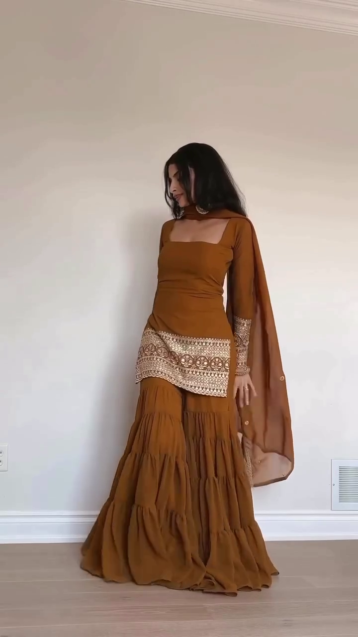 ๐งก Amber Glow Embroidered Sharara Set โ Royal Radiance in Earthy Hues - Image 4