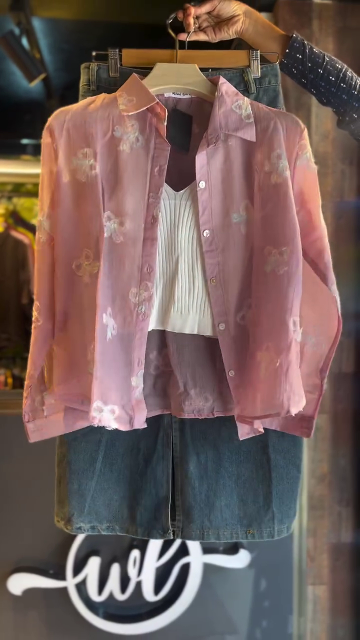 🌸 Rosé Petal Sheer Embroidered Shirt & Denim Skirt Set – Breezy Romance in Soft Pastels