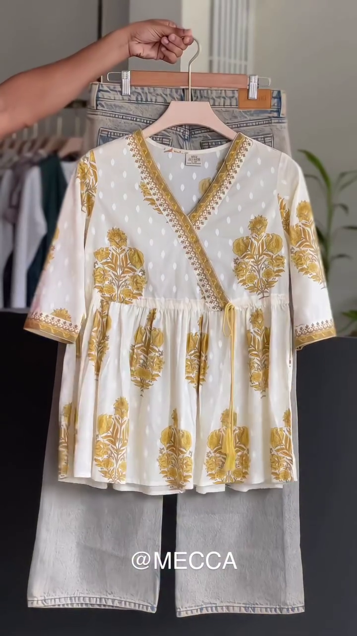 🌸“Golden Petal Wrap Kurta Top with Subtle Heritage Charm & Ivory Trousers”