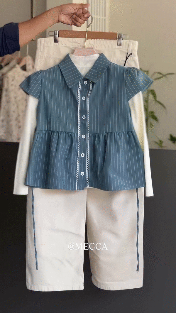 “Ocean Mist Striped Peplum Co-ord Set with Lace Detailing – Elegant, Breezy & Effortlessly Stylish 💙 ”