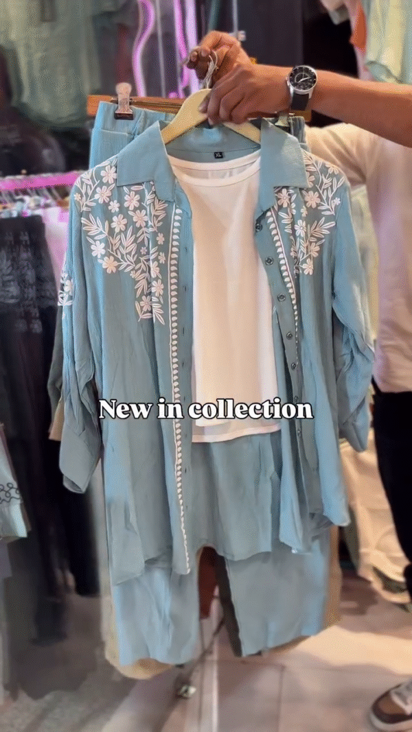 “Serene Sky Blue Embroidered 3-Piece Co-ord Set with Inner Top & Long Shirt – Effortless Grace for Everyday Chic💕”