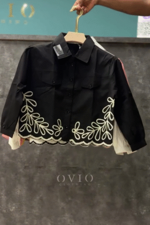 ๐ค Luxury Black Embroidered Crop Shirt โ Signature Collection | Elegant Button-Down with Floral Detailing & Scalloped Hemline